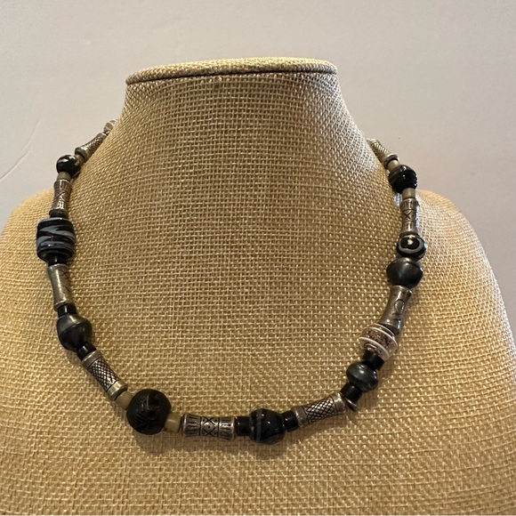 Chico’s Necklace “Bali” style w/ silver, black, tan stone & glass bead chain - Picture 3 of 10